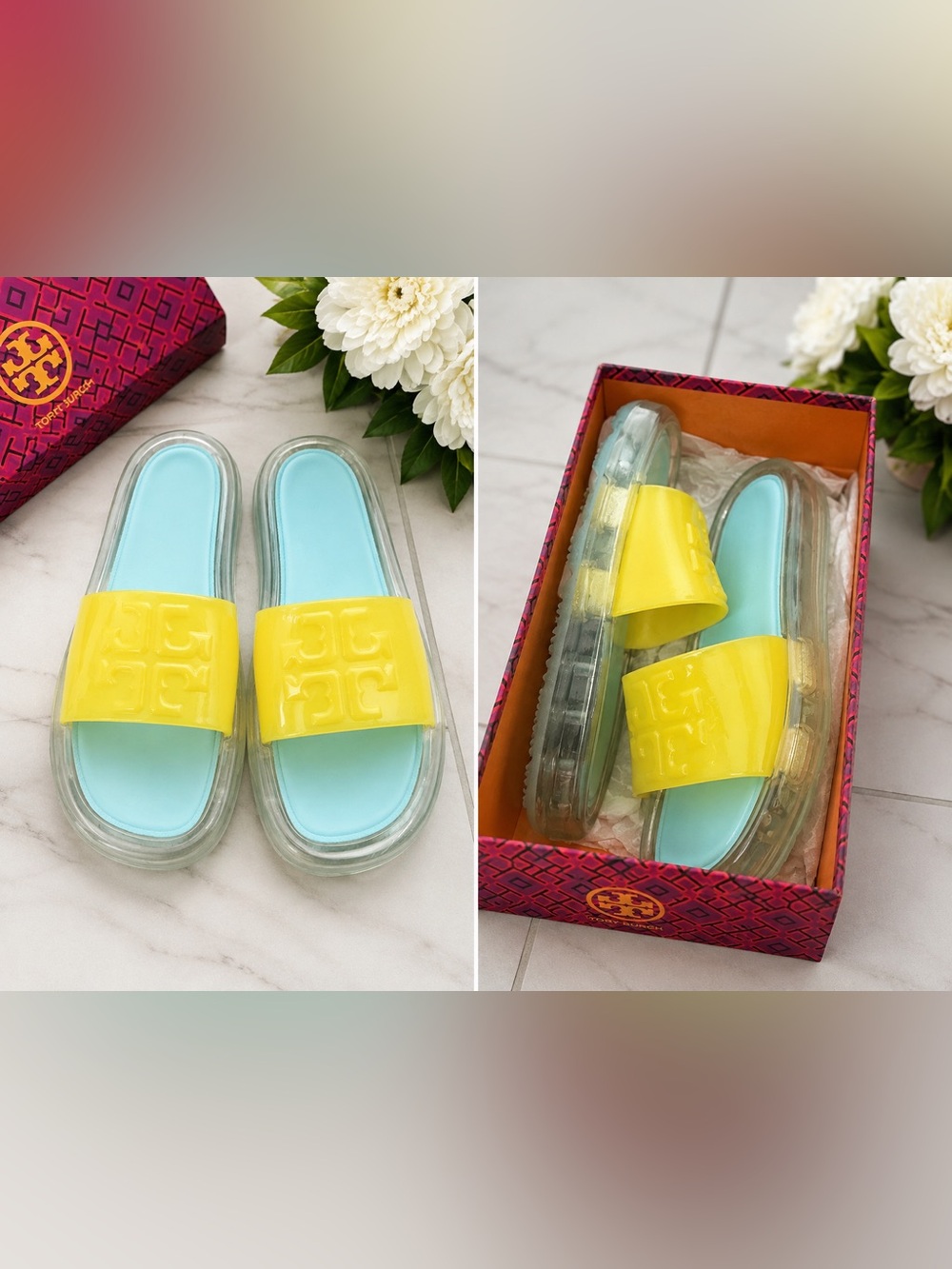 Tory Burch Yellow and Light Blue Jelly Slide Sandals - Picture 1 of 1
